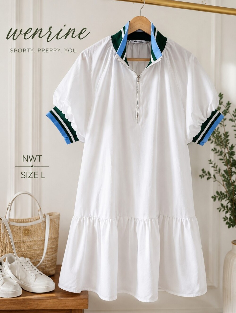 NWT Wenrine White Preppy Tennis Half Zip Ruffle Dress Large